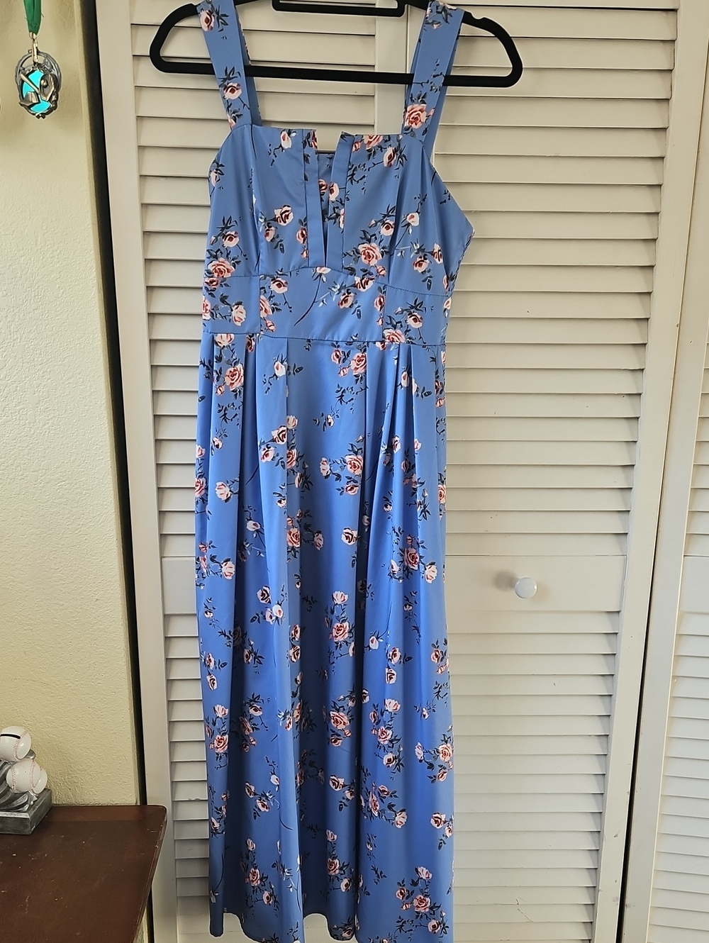 SHEIN Blue Floral Maxi Dress with Pink Rose Print